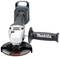 A cordless angle grinder with a black handle, silver disc, and blue-black casing. The handle is labelled with 'Makita'.