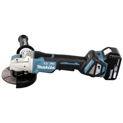 Makita cordless angle grinder, featuring an 18V battery and ergonomic handle, suitable for grinding and cutting tasks.