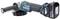 Battery-powered angle grinder in blue and black with an additional handle and a battery pack attached, 'Makita' brand name visible.