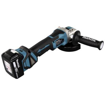 Battery-powered angle grinder with a blue and black housing and Makita logo on the handle.