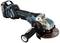 A cordless angle grinder with a blue-black handle and pivoting guard. Brand name and model visible on the side.
