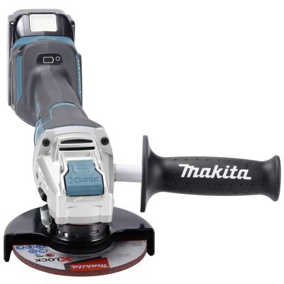 'Angle grinder with X-Lock system and side handle, labelled with Makita. Primarily designed in blue, white, and black.'