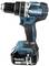 Cordless drill in navy blue and black with ergonomic design, battery pack located at the base. Brand logo visible.