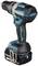 Cordless drill in blue and black with company logo on the side. It features a brushless design and a large battery at the base.