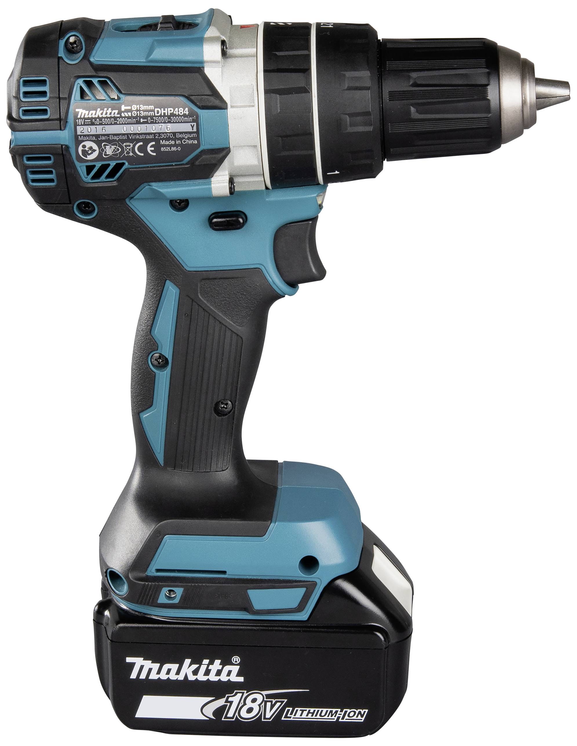 A blue and black cordless drill with an 18V lithium-ion battery by Makita.