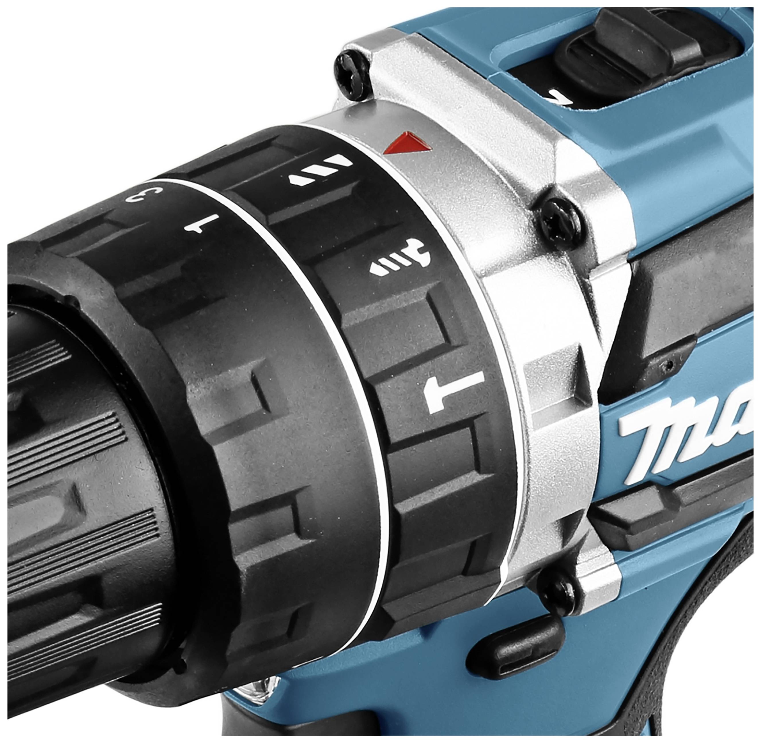 A blue cordless drill with a black handle. The torque adjustment ring has symbols for different settings.