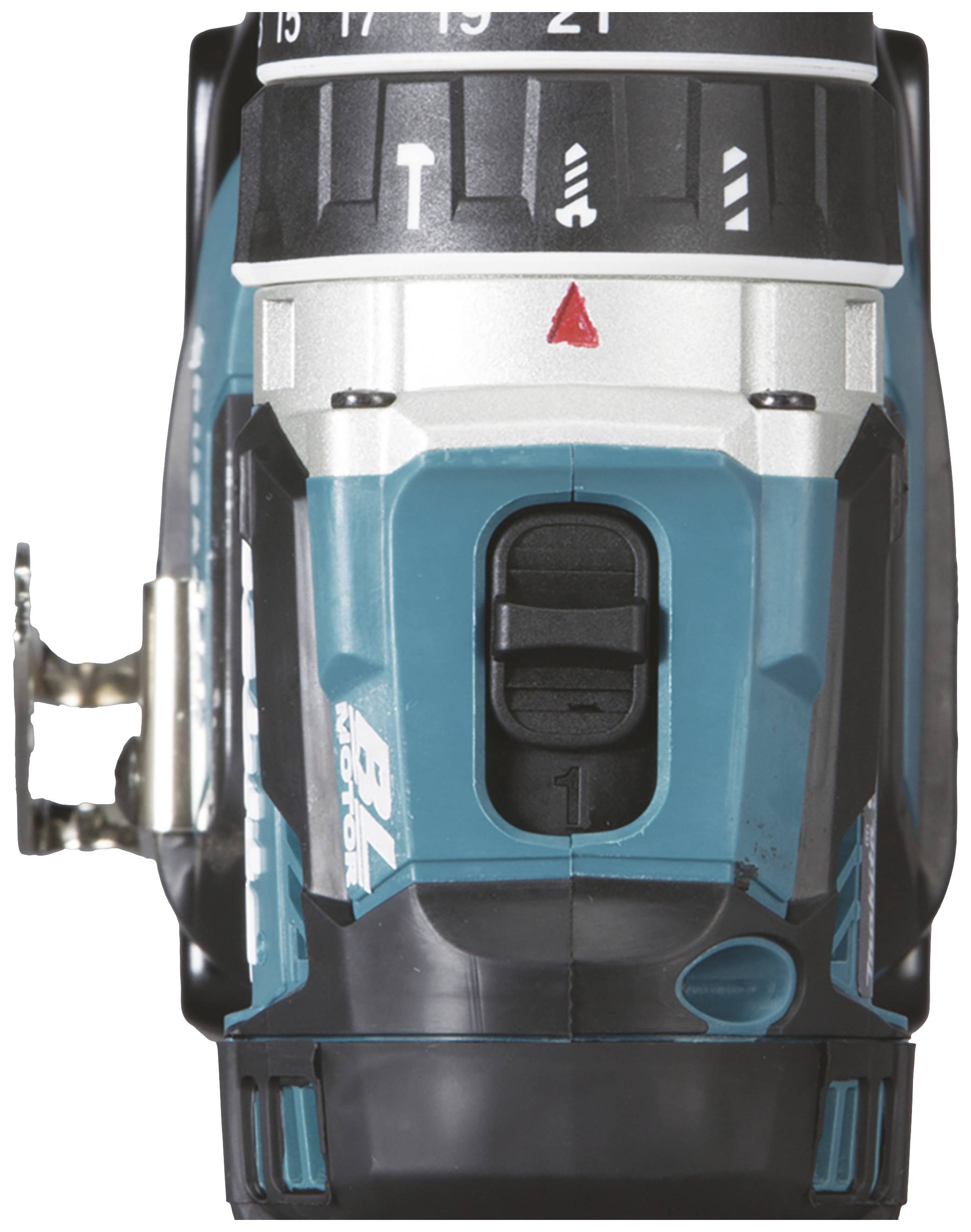 A cordless electric tool in blue and black, close-up view of the top section with adjustment dial and function symbols.