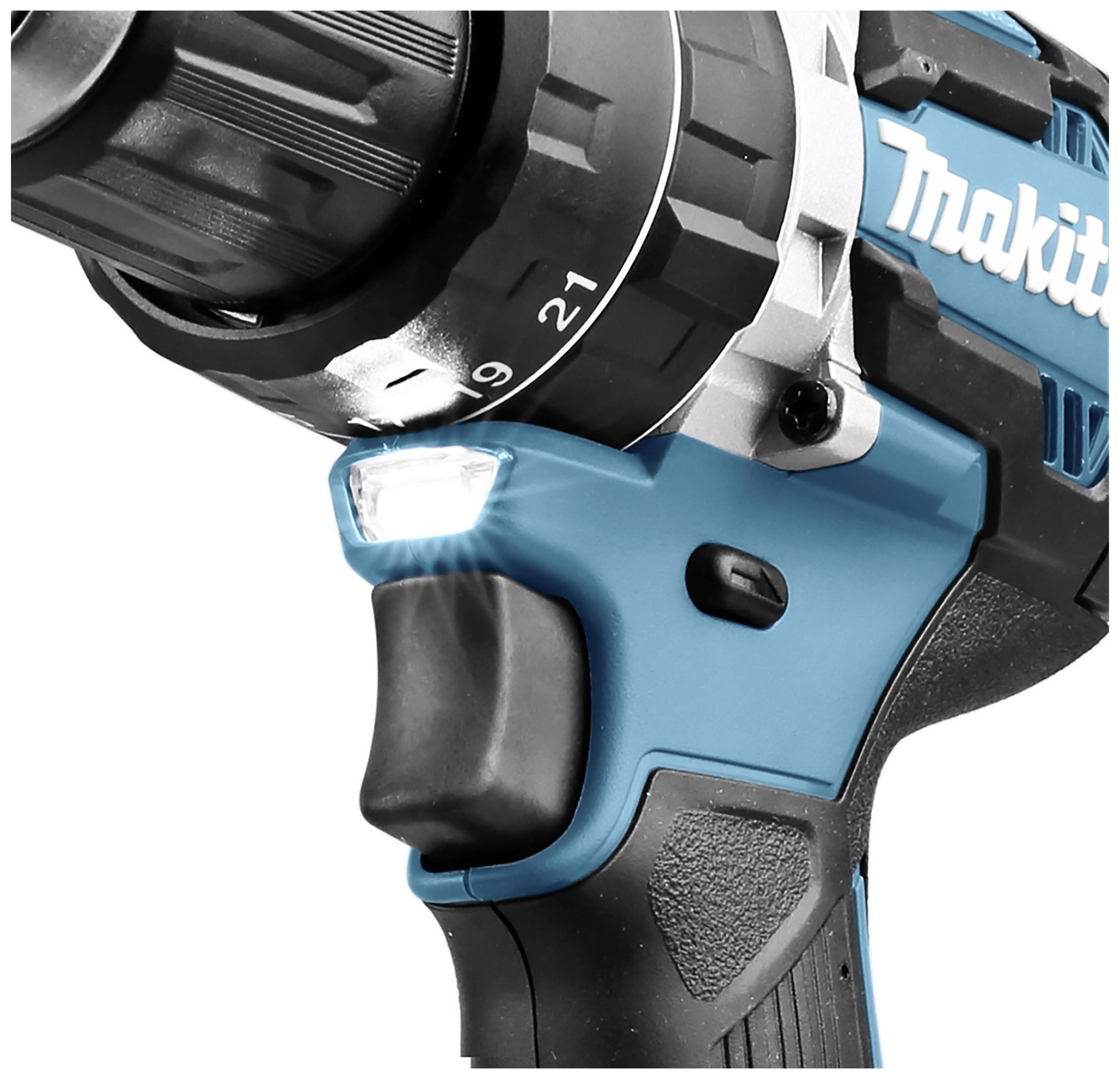 A navy blue and black cordless drill with LED light. The brand logo is visible.