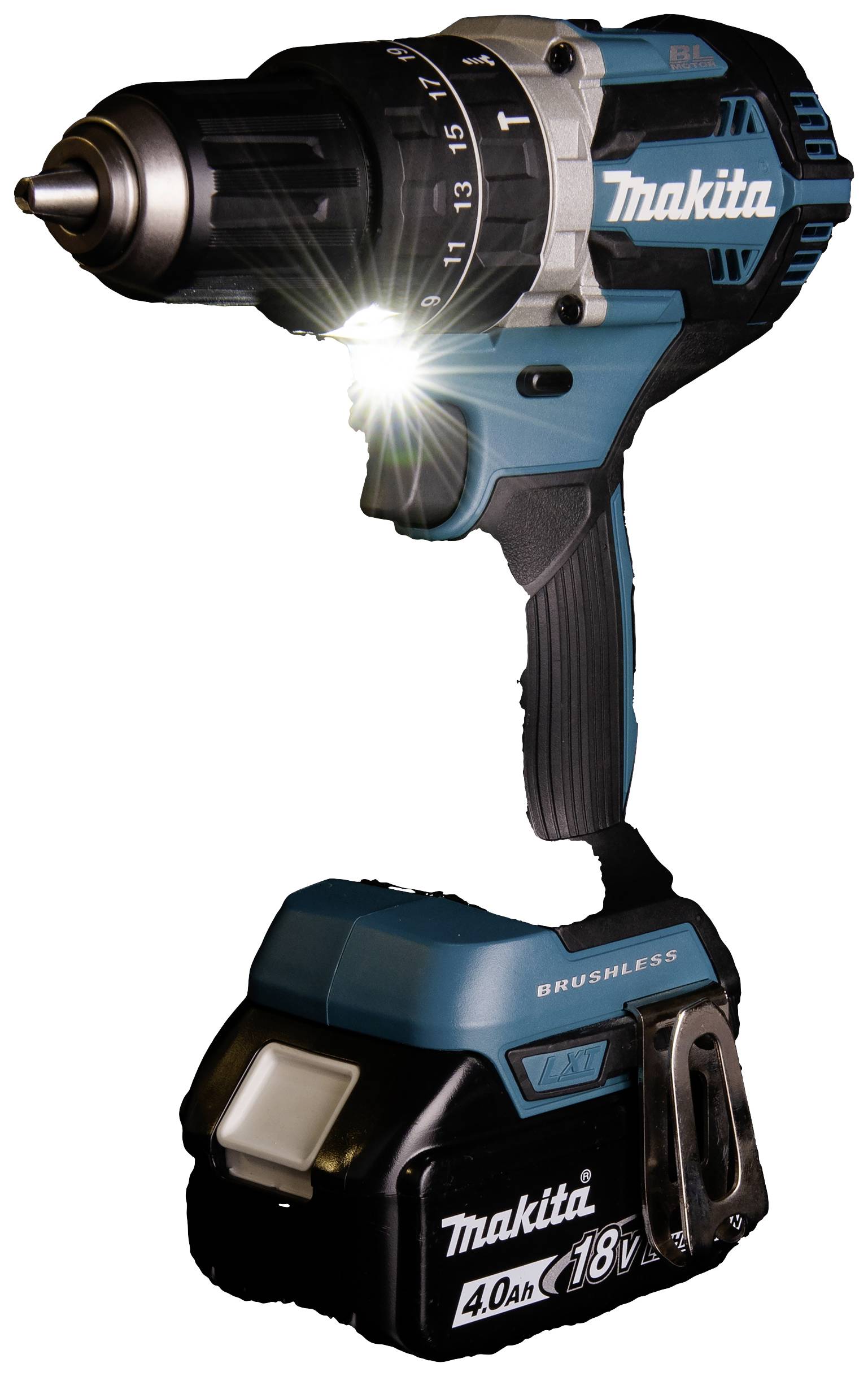 A cordless, navy-blue Makita power drill with an 18V 4.0Ah battery, used for drilling and screwing tasks.