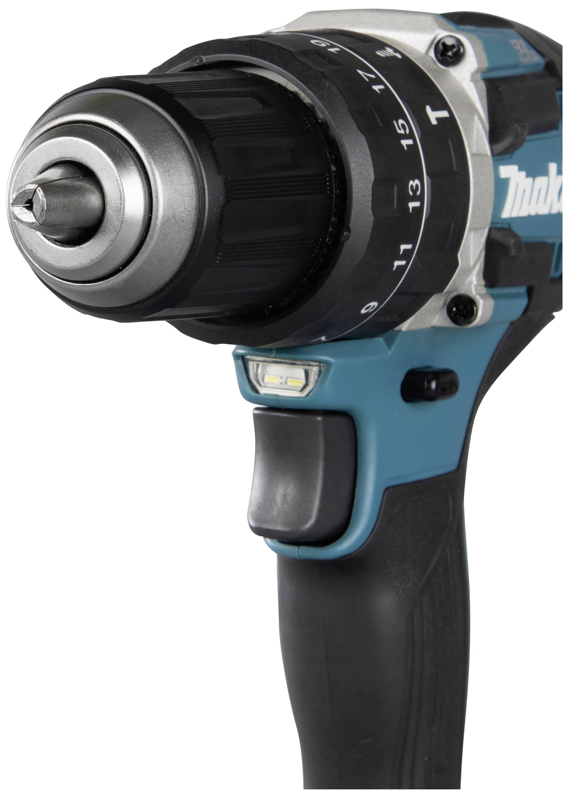 Cordless drill in close-up, set to torque level 15, with a blue casing and black handle.