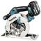 Battery-powered circular saw with blue and black casing, manufactured by Makita. Suitable for wood cutting, lightweight and cordless.