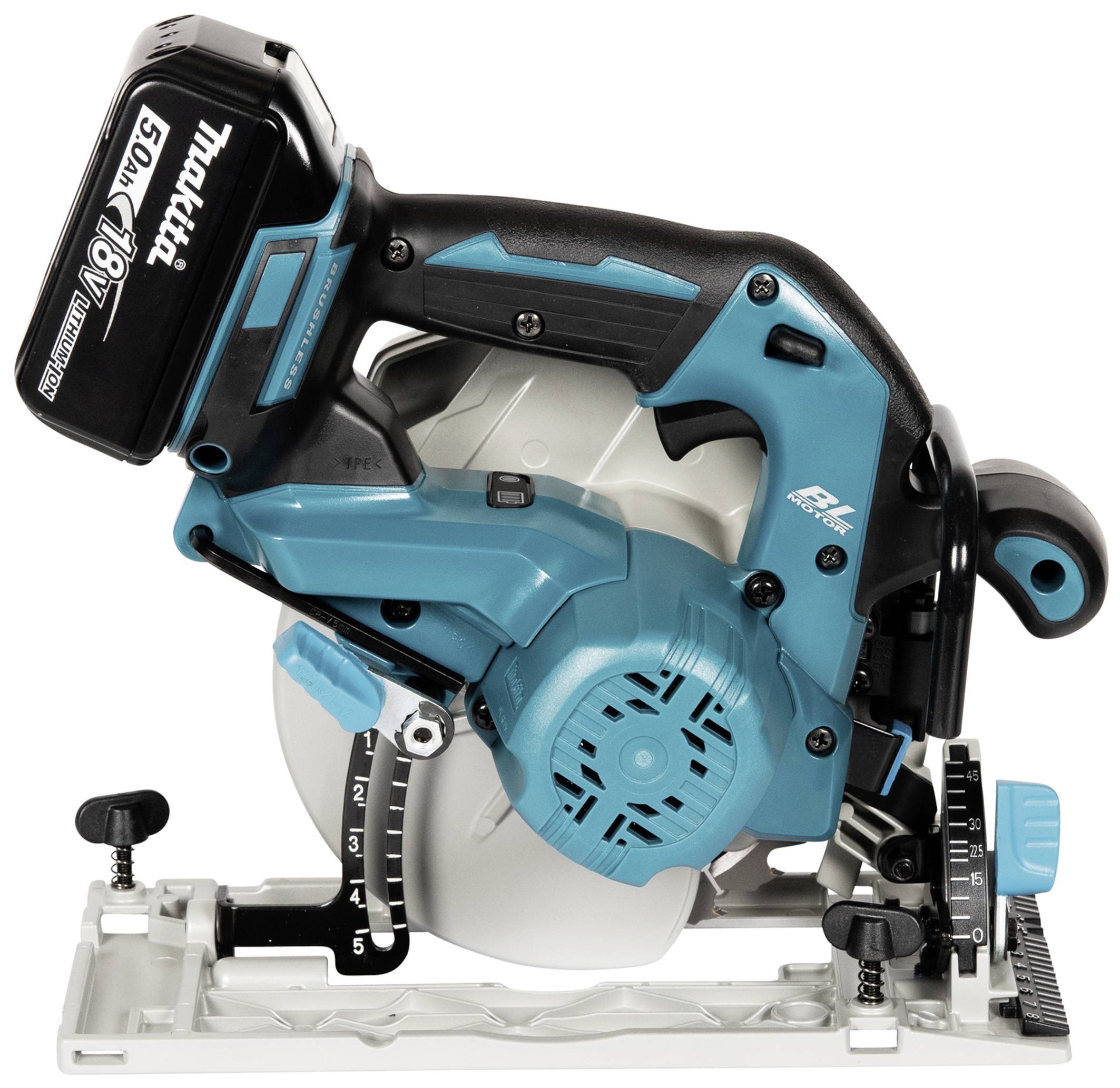 Electric circular hand saw in blue and black, side view. Battery-powered, with scale for depth of cut adjustment.
