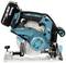 Electric circular hand saw in blue and black, side view. Battery-powered, with scale for depth of cut adjustment.
