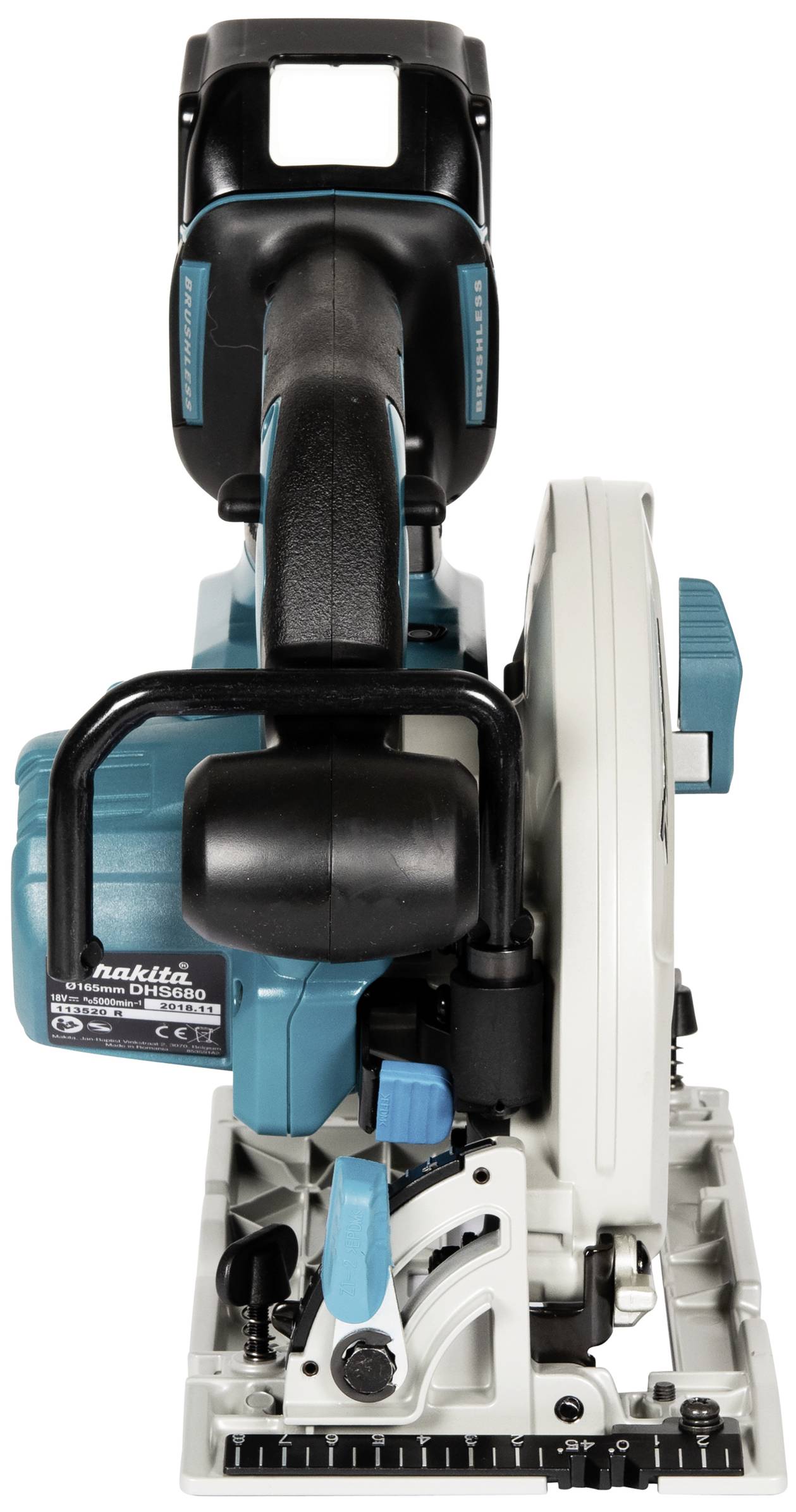 Battery-powered circular saw with a blue-black casing, large grey blade and top-mounted handle, precise positioning possible on scale.
