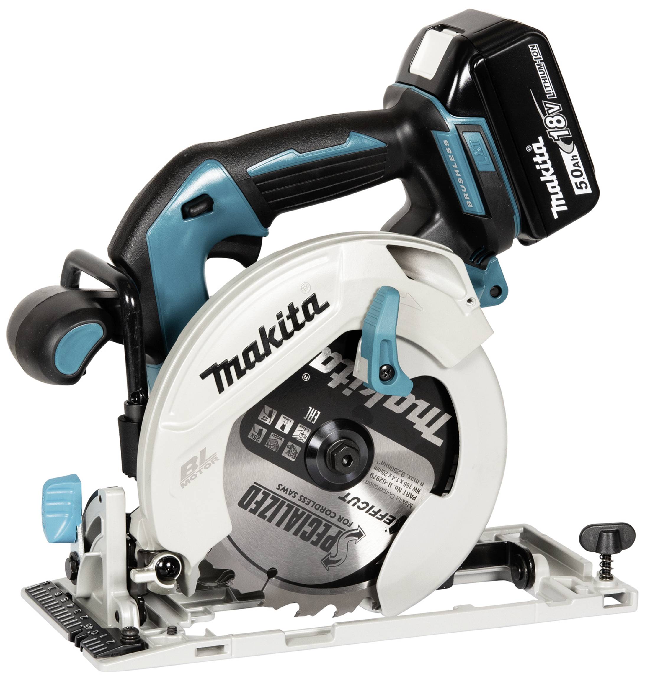 Cordless hand circular saw with battery, blue-black-white design. Manufacturer's mark clearly visible.