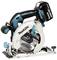 Cordless hand circular saw with battery, blue-black-white design. Manufacturer's mark clearly visible.