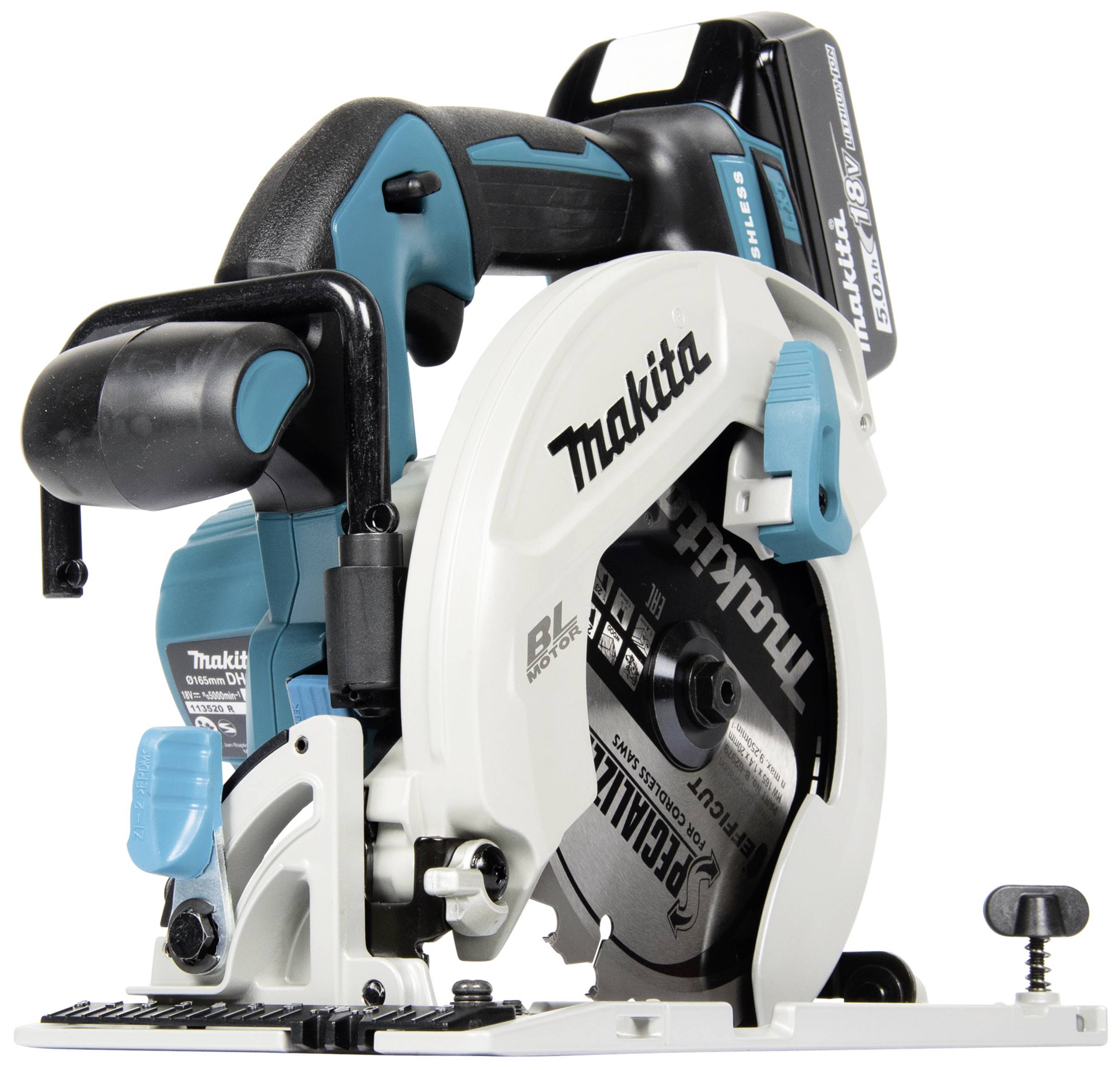 Makita cordless handheld circular saw. Blue and white design with a black handle and visible saw blade.