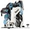 Makita cordless handheld circular saw. Blue and white design with a black handle and visible saw blade.