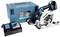 Makita battery-powered handheld circular saw with charger and transport case, suitable for precise sawing of wood and other materials.
