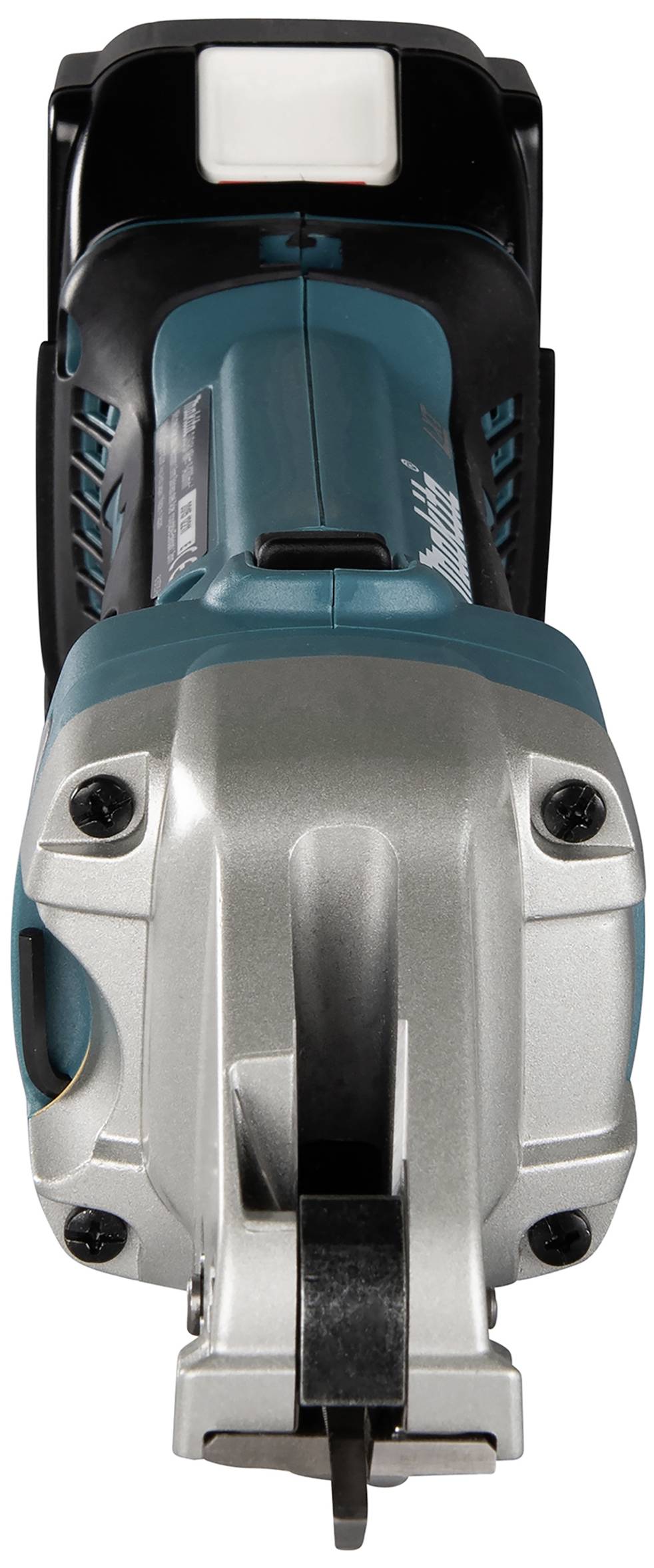 A handheld electric metal scissors with a blue-black casing and silver cutting mechanism, shown from the front.