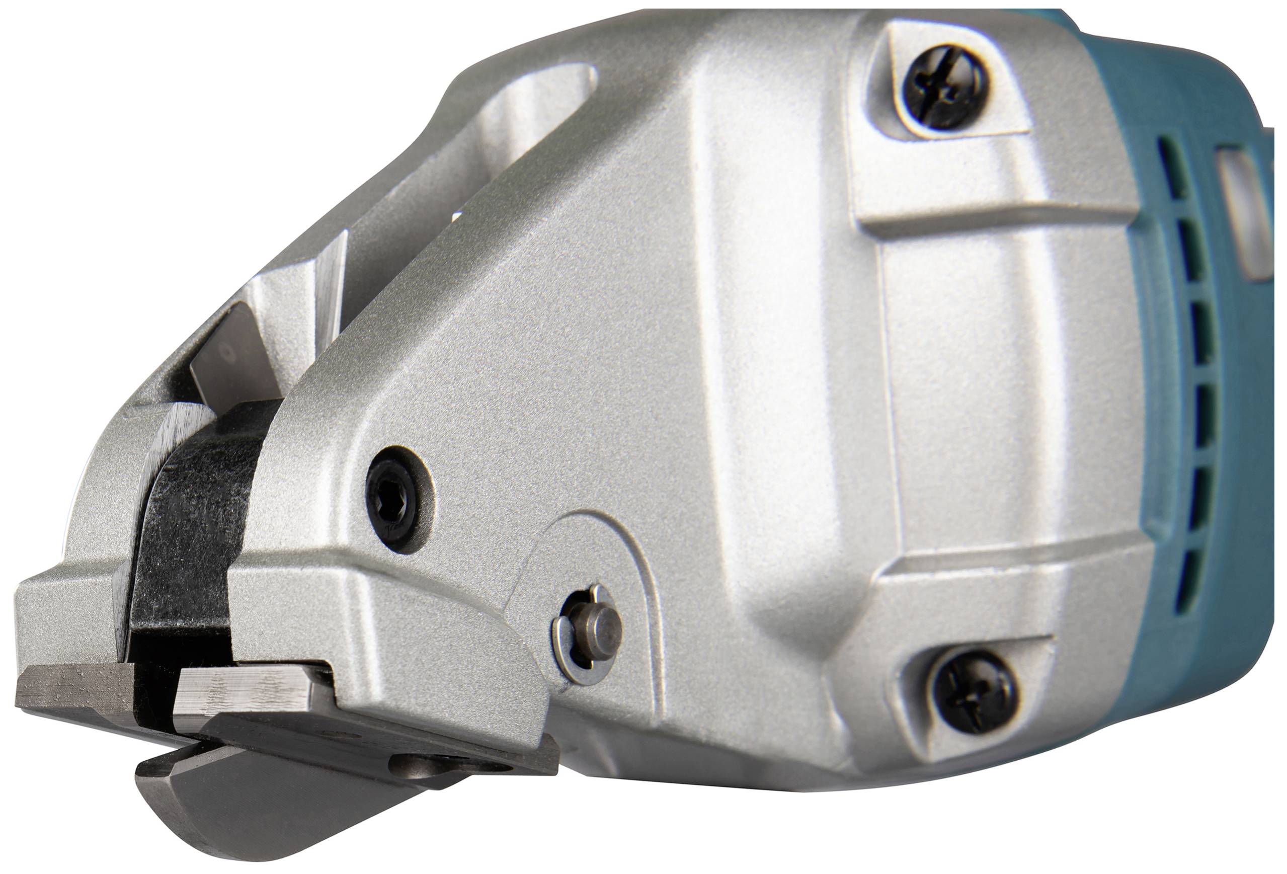 Metal cutter with silver casing and black cutting tip. Screws and mechanical details visible.