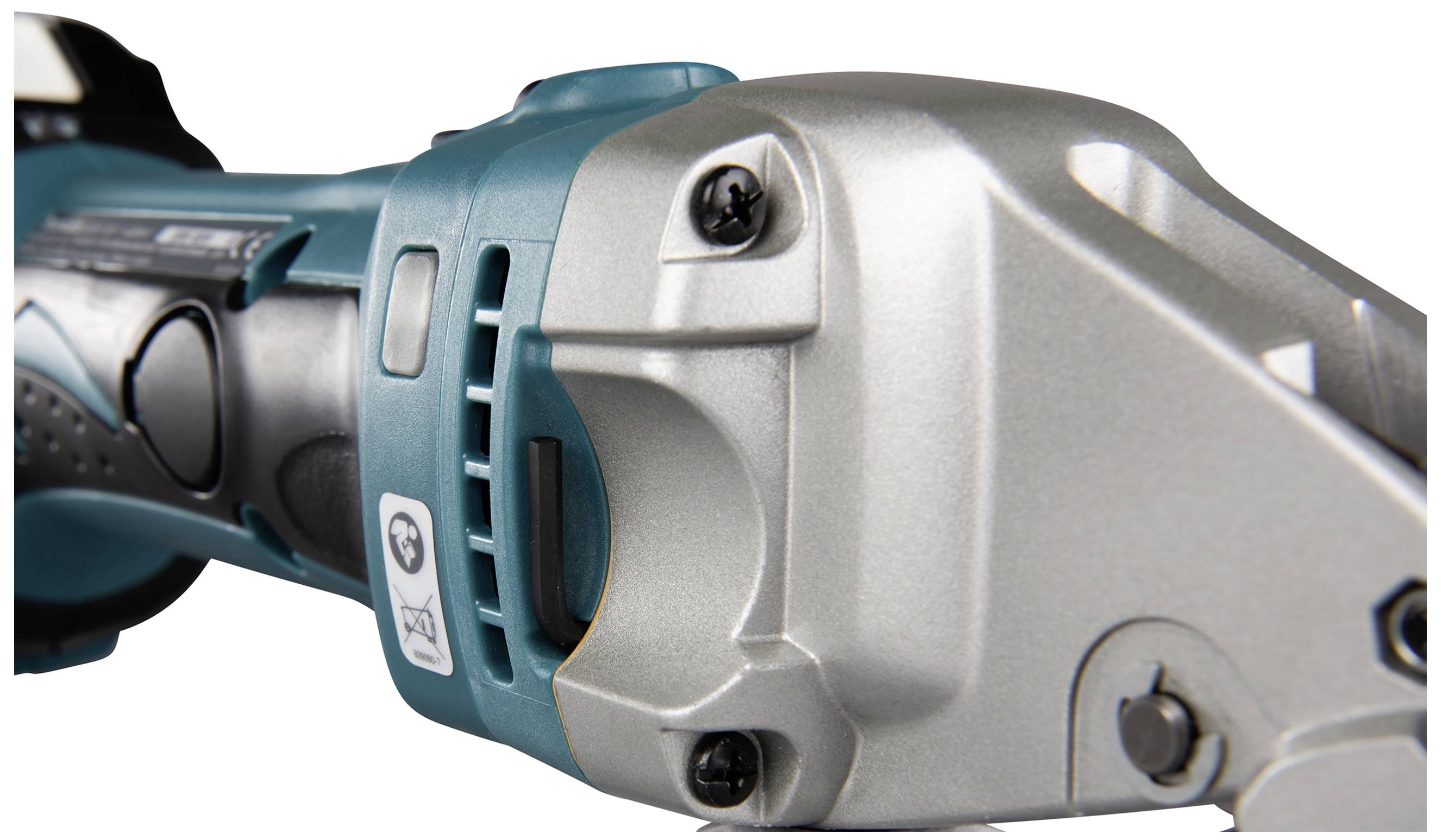 A section of a blue electric grinding machine, focusing on the safety lock and metal surface, detailed view.