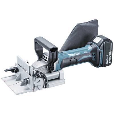 A battery-powered blue and silver wood joint cutter with dust bag and ergonomic handle, by Makita.