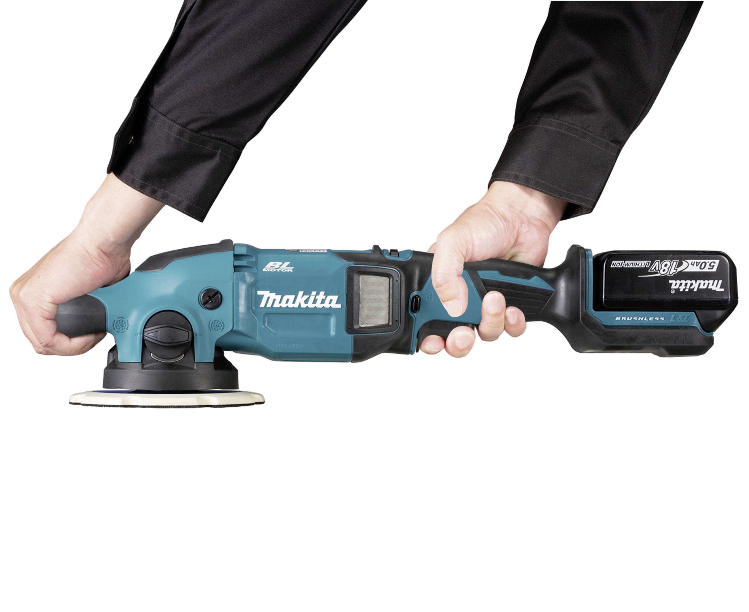 Two hands are holding a Makita cartridge gun. The gun is blue with a black grip and a visible loading indicator on the right side.