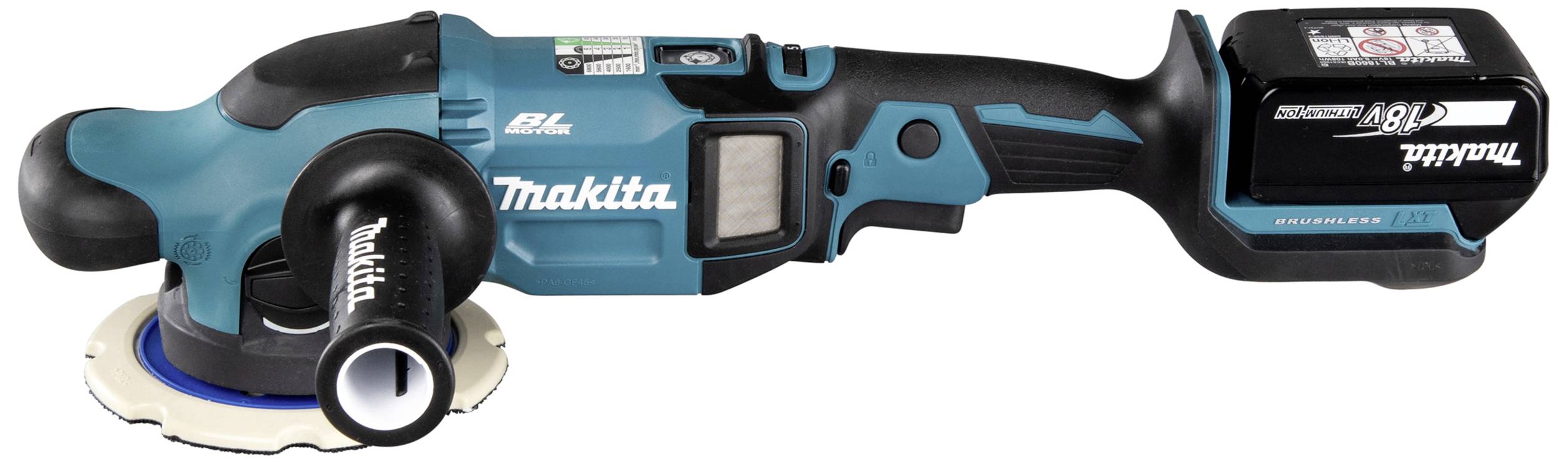 Battery-powered, handheld grinding machine in blue, black, and white. Brand name and technical details visible on the machine.