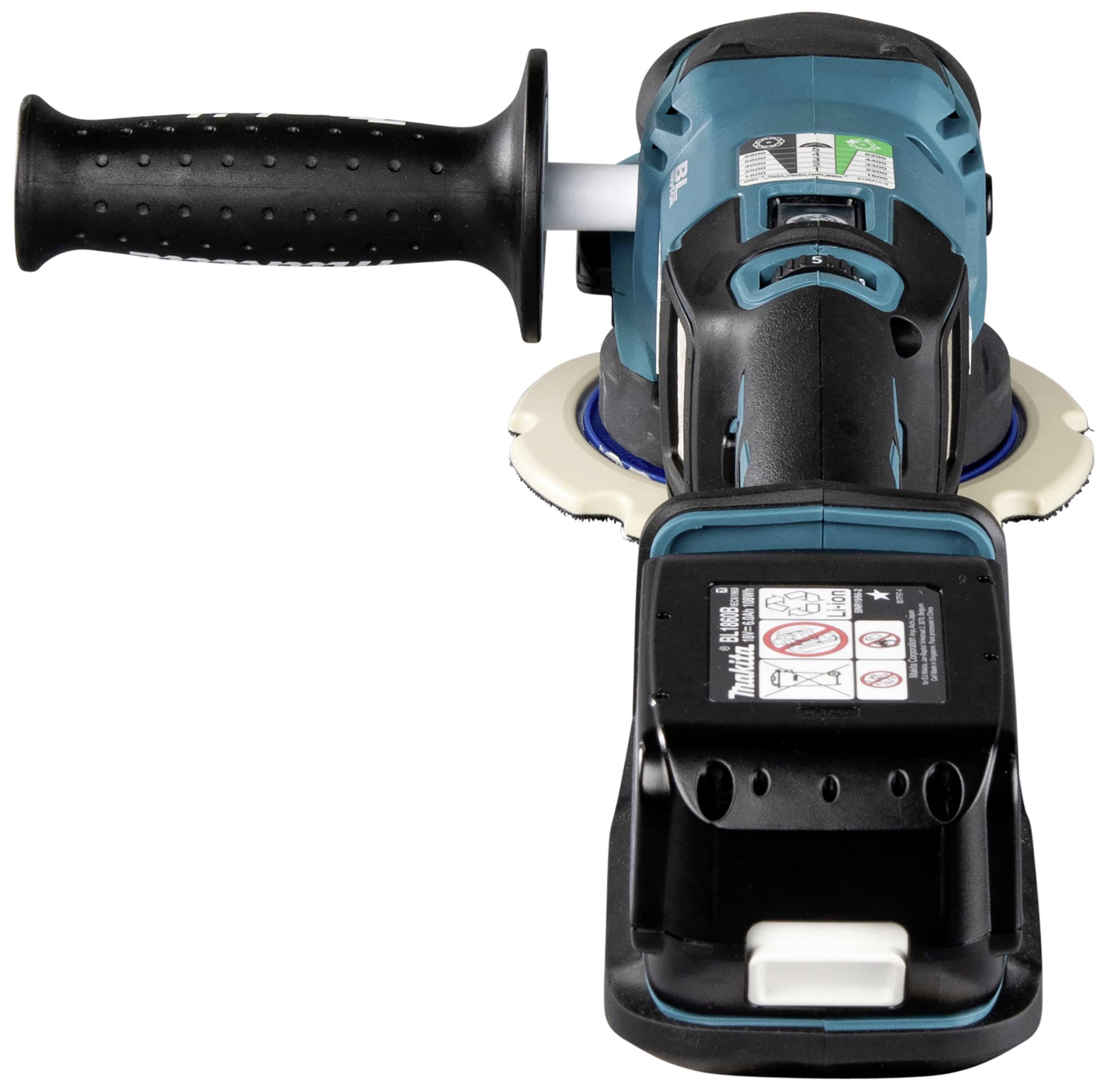 An electric grinding machine in blue and black with a handle and warning label on the top, photographed from the front.