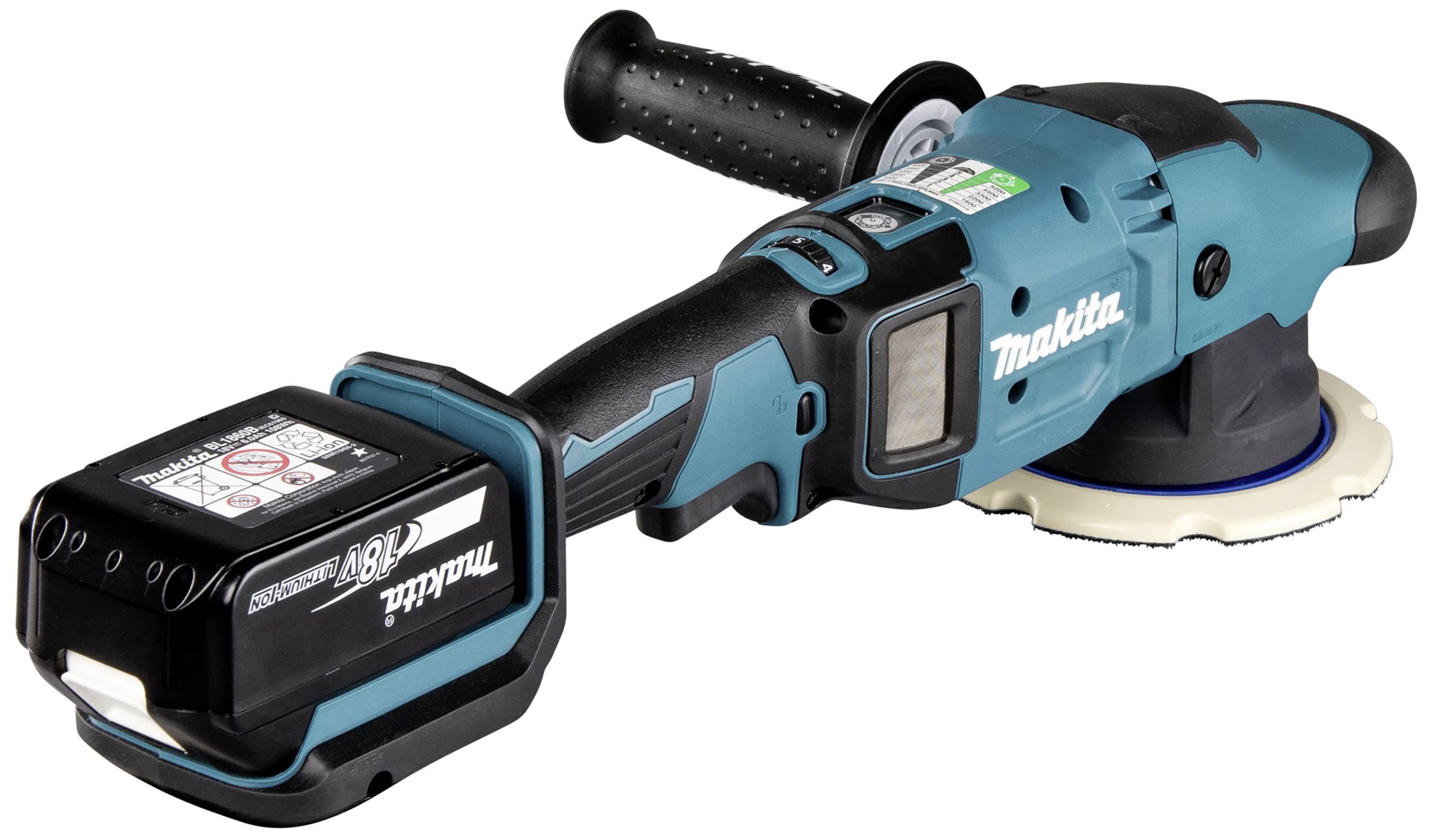 A cordless angle grinder with a blue casing, ergonomic handle, and removable battery. The 'Makita' brand name is visible on the side.