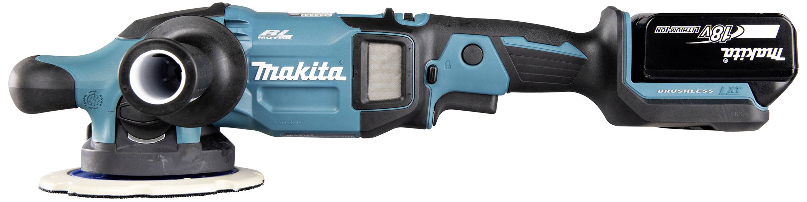 Battery-powered polishing machine, blue-black, Makita brand, right side view. Plastic body with soft grip. Battery located at the rear.