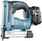 A blue, cordless nail gun with battery and ergonomic handle, 'Makita' brand name visible on the side.