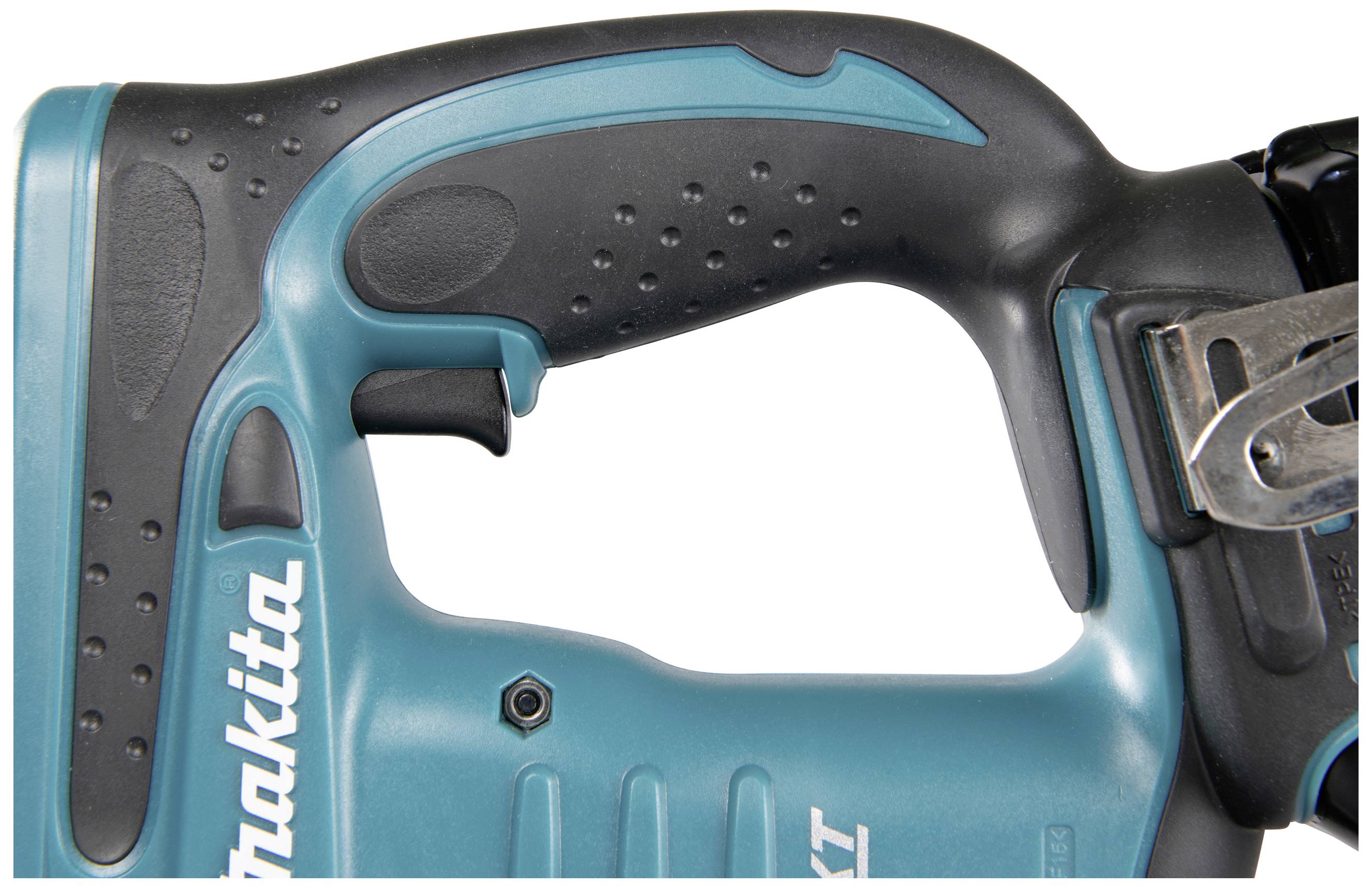 A detailed close-up of a cordless drill handle in black and turquoise blue with a brand name printed on it.