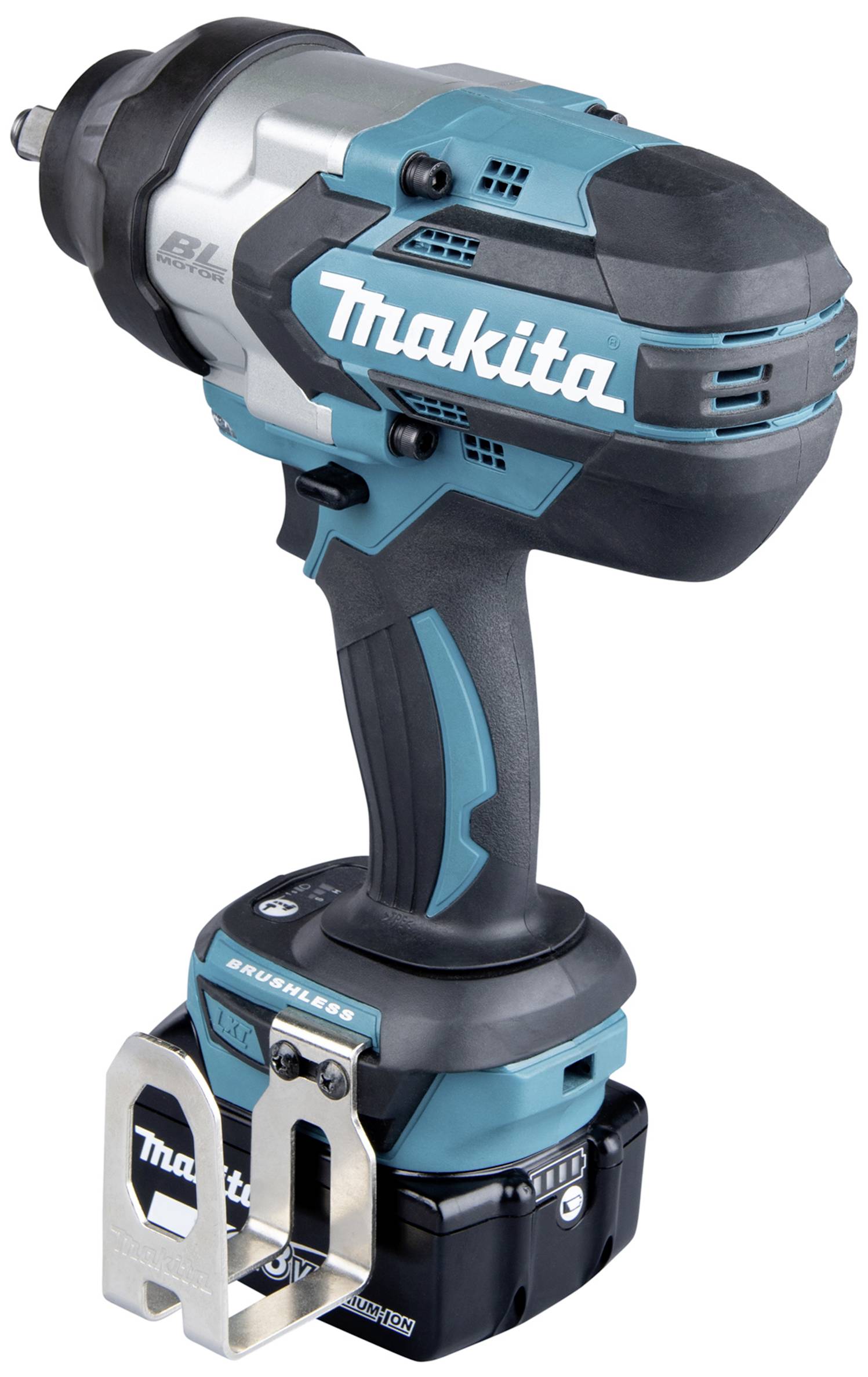 A blue, cordless Makita impact driver with battery and metal hook, suitable for construction and tool applications.