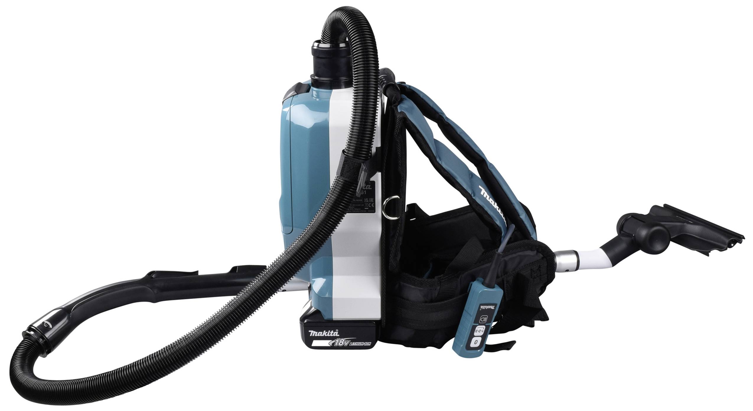 Backpack vacuum cleaner with suction tube and adjustable straps. Perfect for flexible cleaning. Brand name visible on the side.