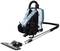 Backpack vacuum cleaner with long wand and floor head, ergonomic harness and blue, black and white design, standing upright.
