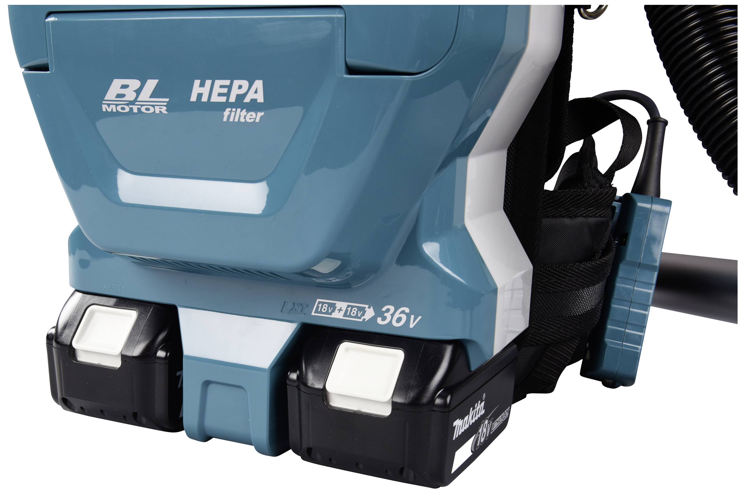 Portable vacuum cleaner by BL MOTOR with HEPA filter, blue housing, two batteries, suitable for cleaning tasks.