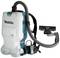 Backpack vacuum cleaner with HEPA filter and cable system, suitable for commercial cleaning. Brand name visible on the device.