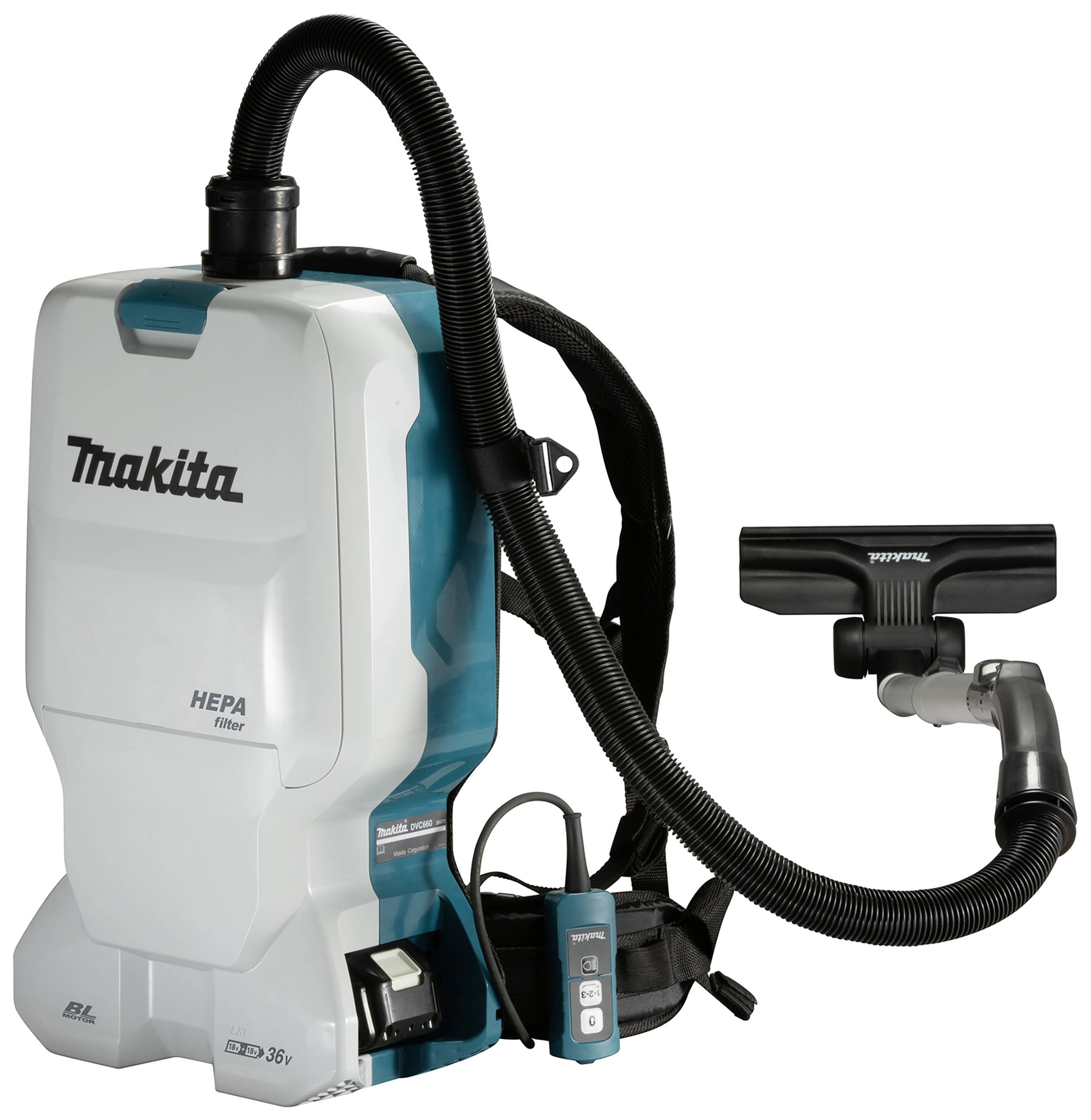 Cordless vacuum cleaner in backpack style with HEPA filter, carrying straps and flexible suction hose. Ideal for mobile cleaning operations.