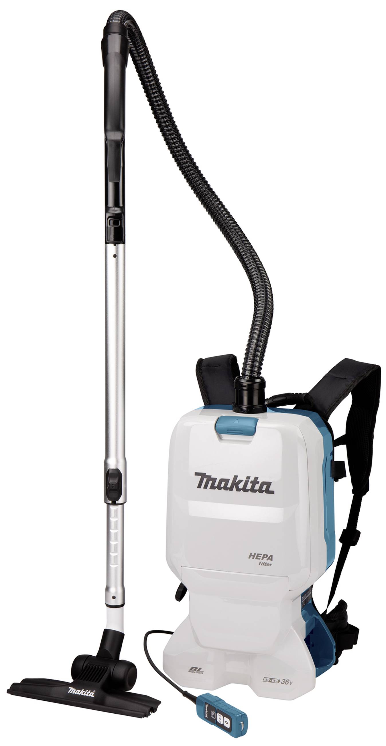 A portable backpack vacuum cleaner by Makita, with an extended suction tube and a HEPA filter, ideal for flexible cleaning tasks.