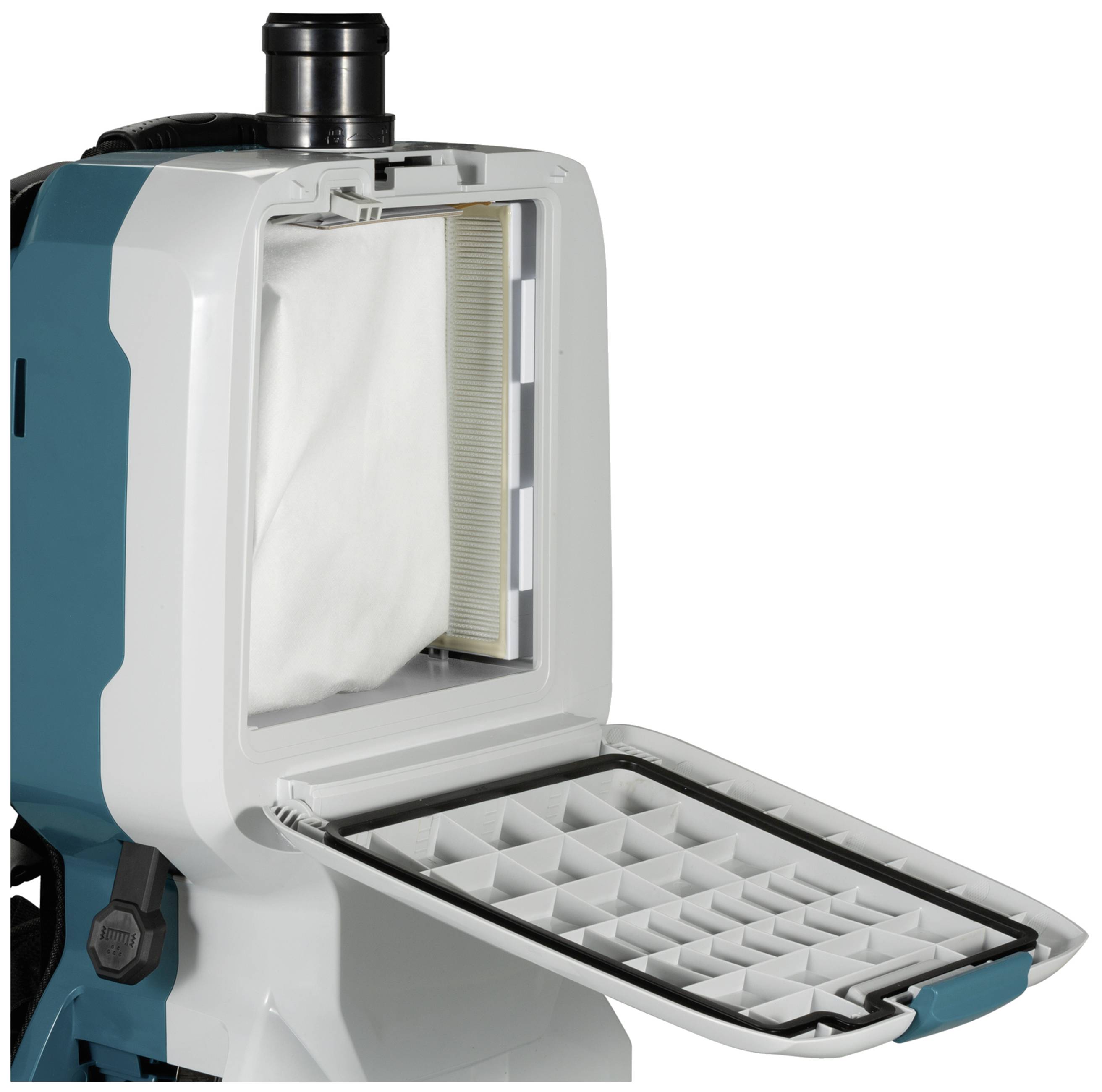 Opened vacuum cleaner showing the interior with visible filter and dust bag. The flap is open downwards.