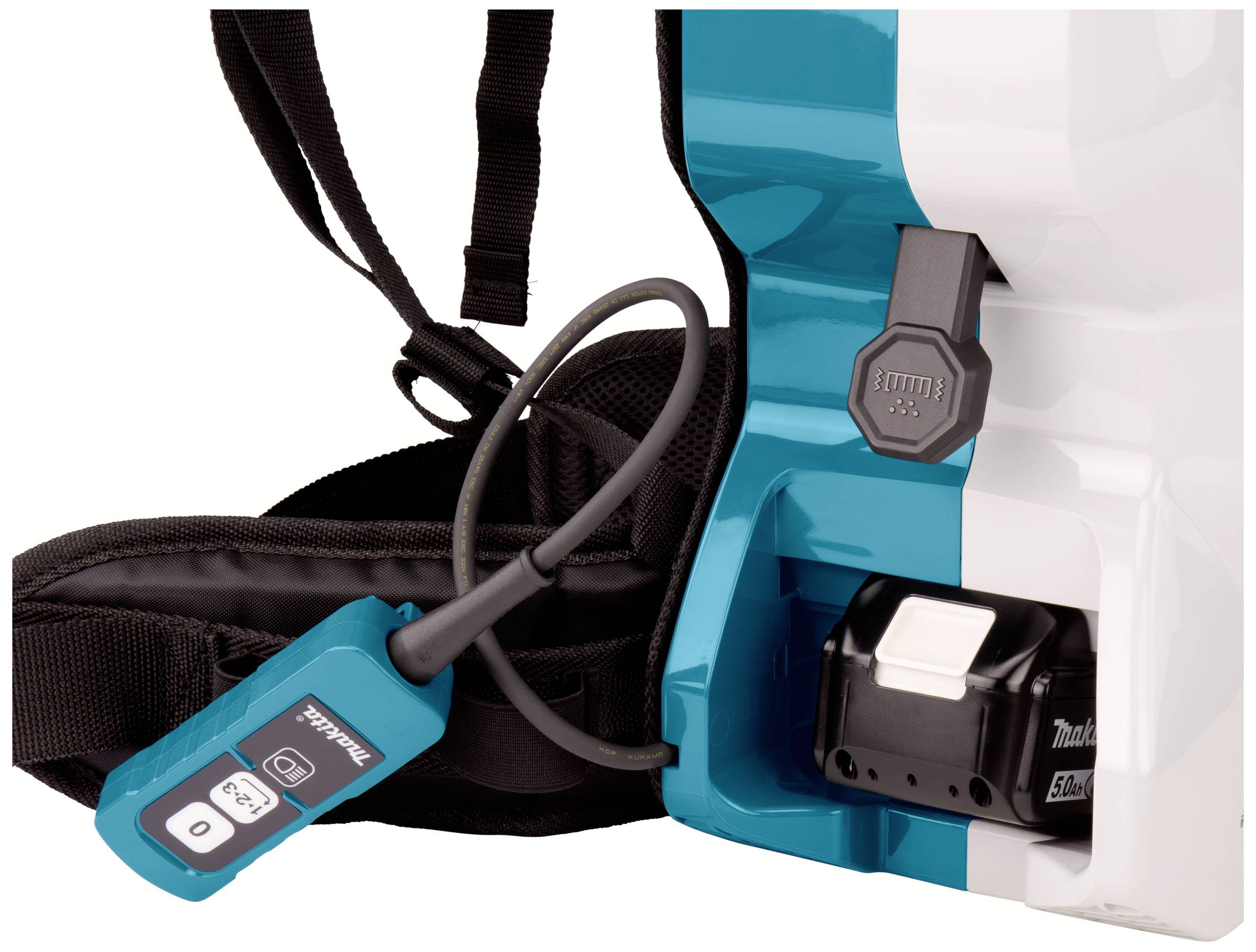 A portable, battery-operated device in blue and white with a strap, suitable for mobile applications.