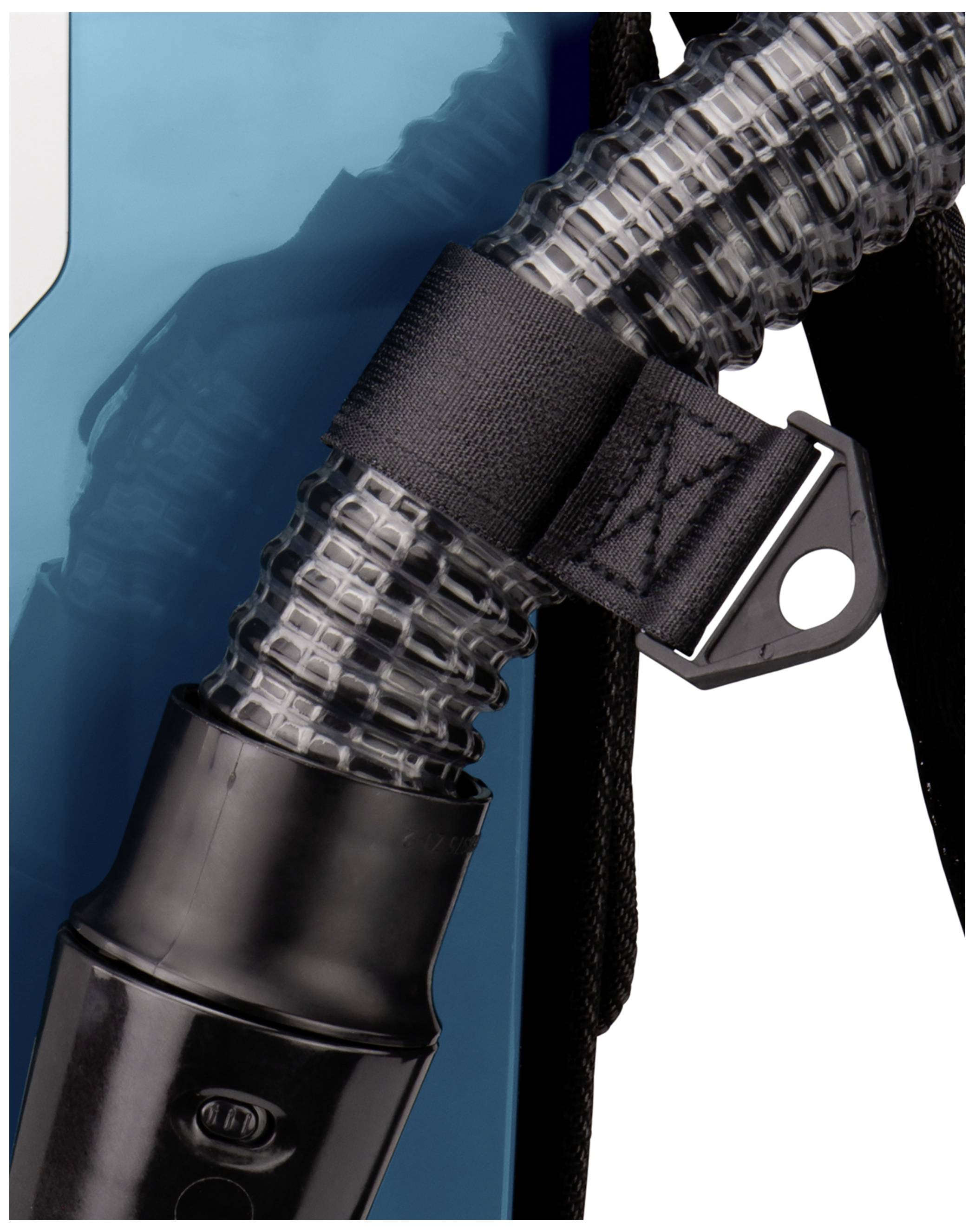 'Close-up of a transparent, flexible tube with a black mounting bracket on a blue device.'