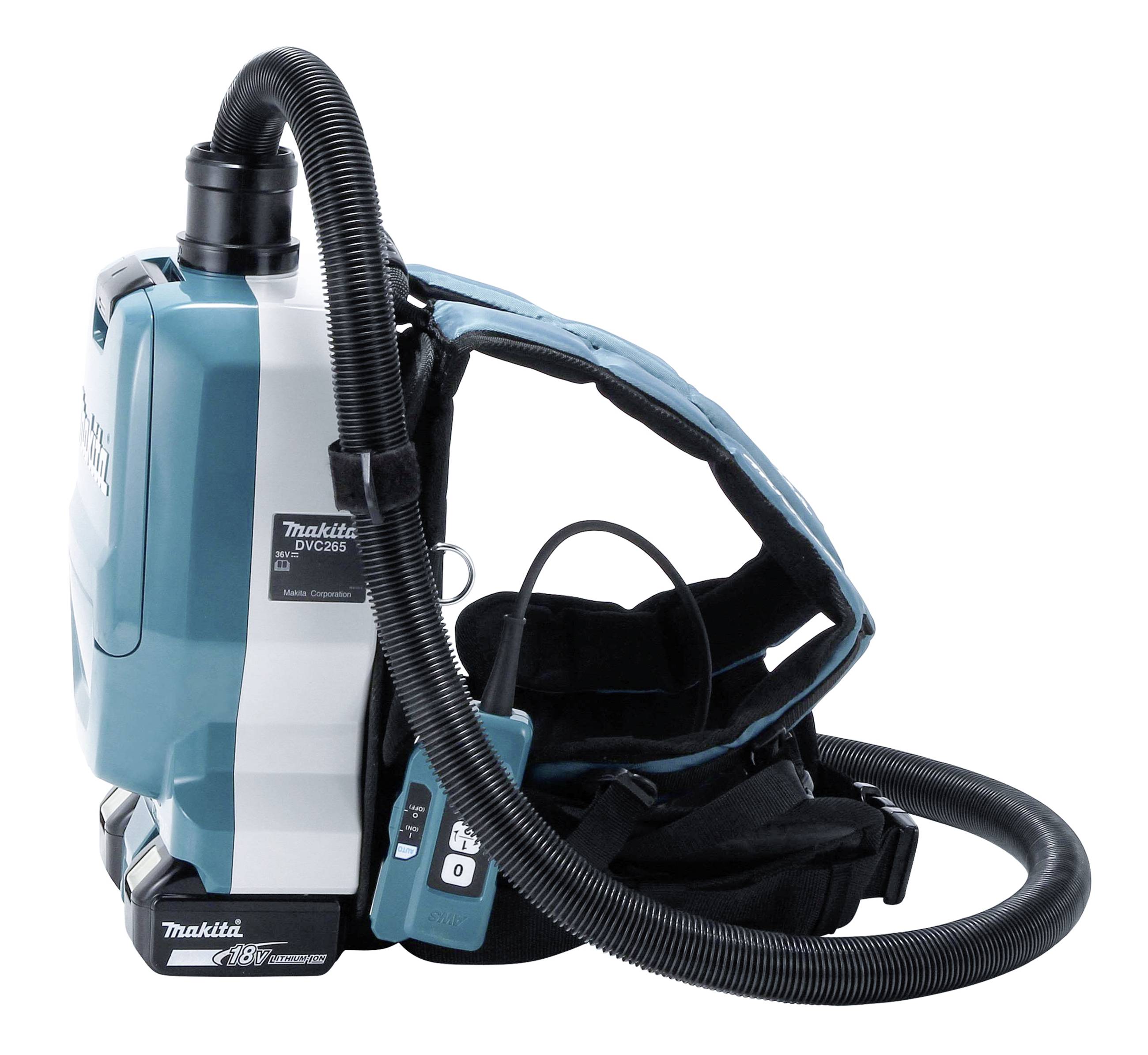 Portable backpack vacuum cleaner with flexible hose and adjustable straps. Designed for flexible cleaning in work environments.