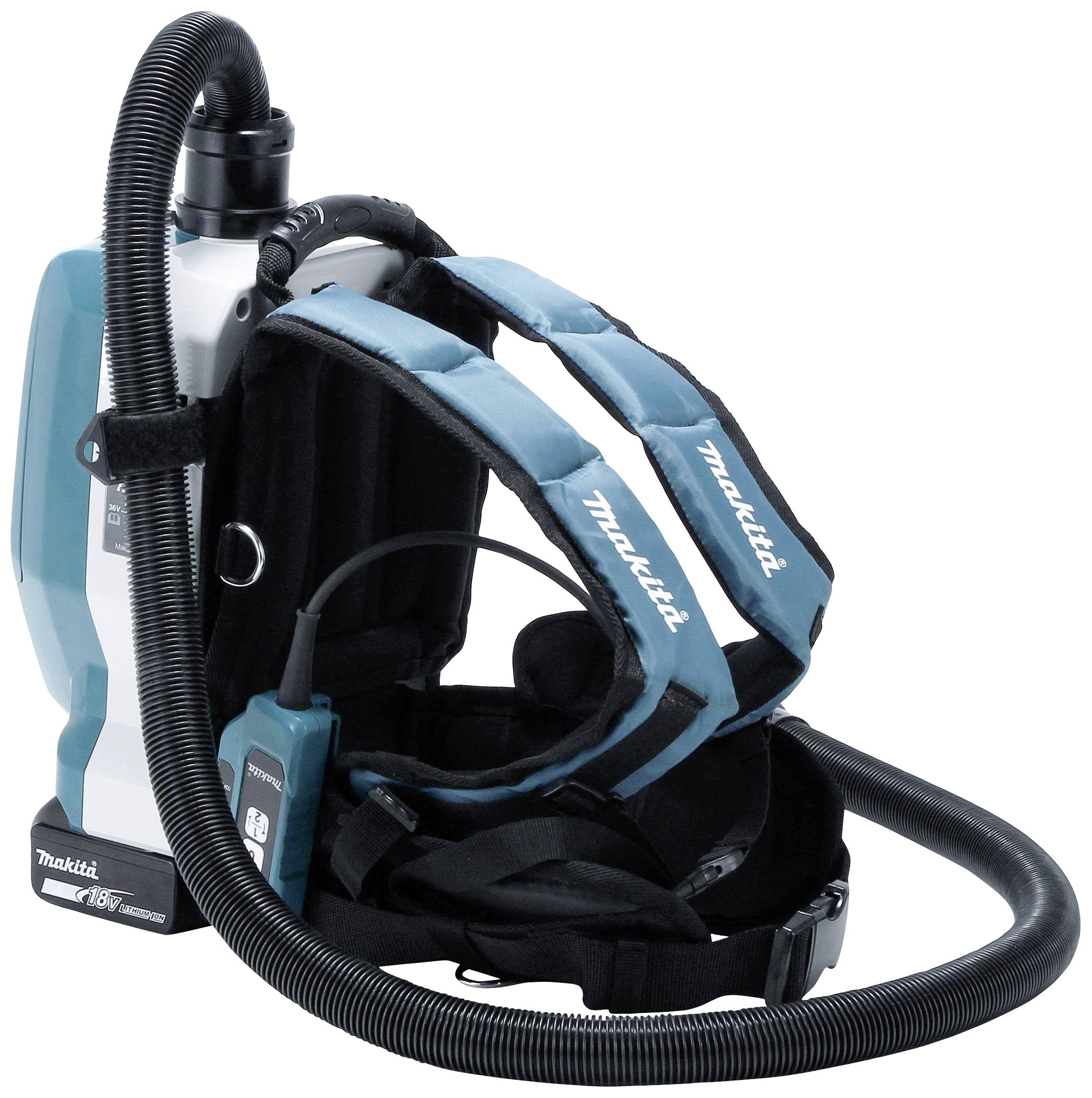 Cordless Backpack Vacuum Cleaner in Blue-White-Black. Adjustable straps for carrying comfort. Suitable for cleaning on the move.
