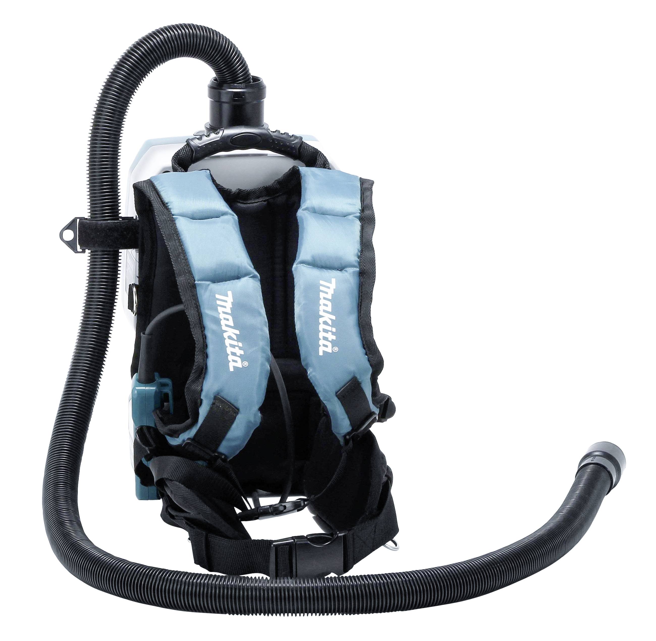 A portable vacuum cleaner with a back harness, designed for efficient cleaning, shows a long hose and padded straps.