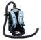 A portable vacuum cleaner with a back harness, designed for efficient cleaning, shows a long hose and padded straps.