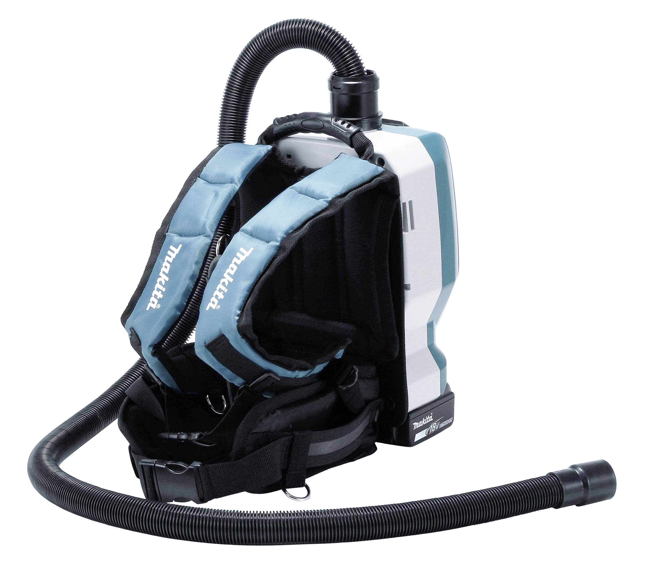 A portable vacuum cleaner in a backpack style with a long hose and padded straps, suitable for mobile cleaning tasks.