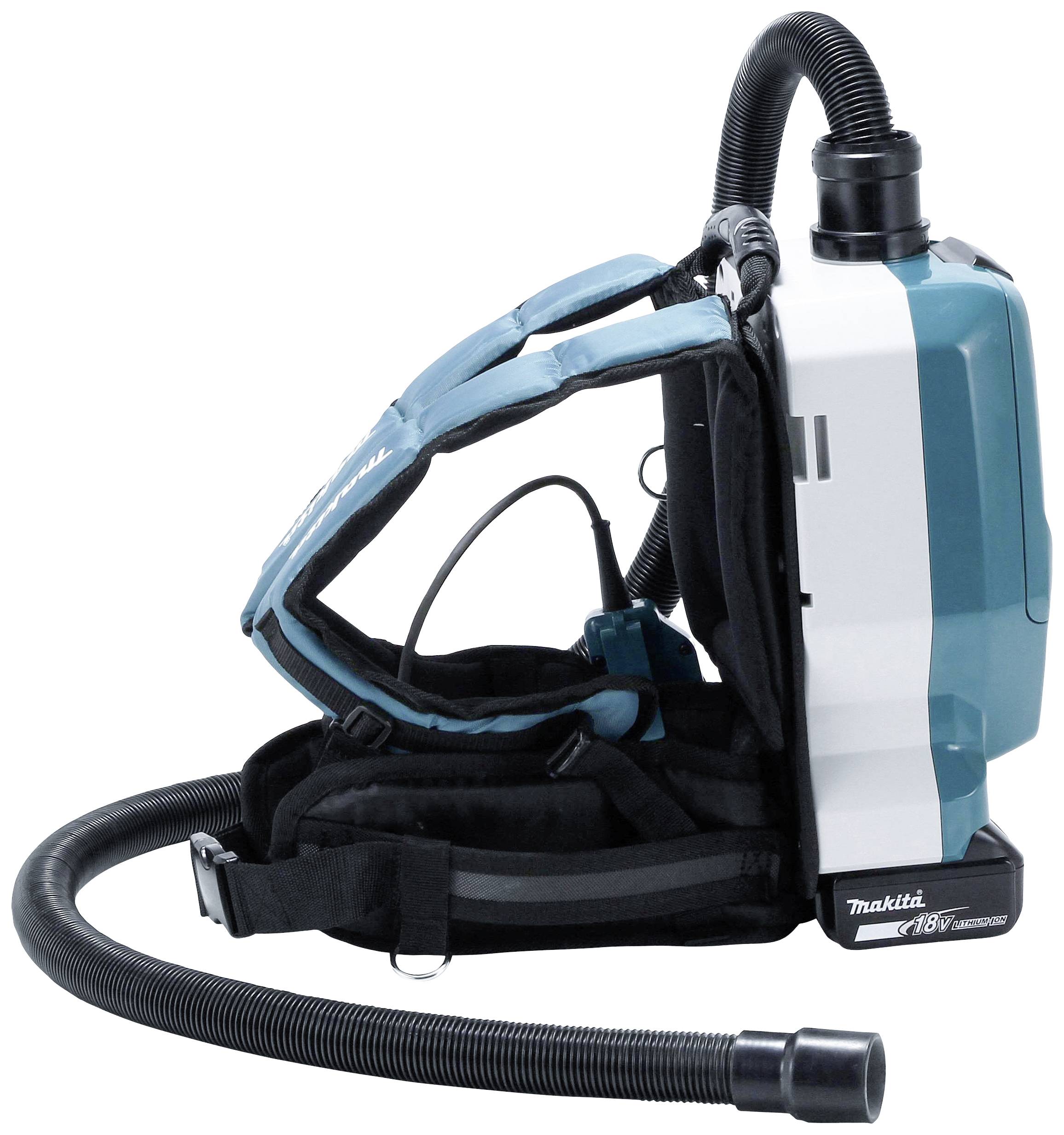 A portable backpack vacuum cleaner with a flexible hose, ideal for mobile cleaning tasks.